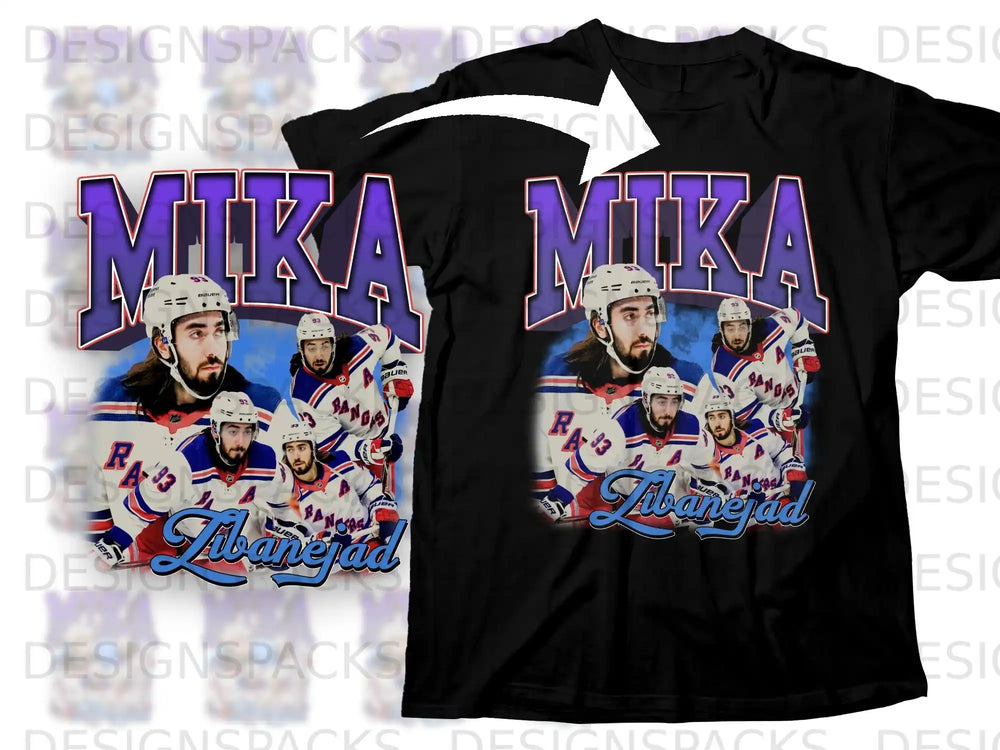 Black t-shirt with "MIKA ZIBANEJAD" text and player graphic.