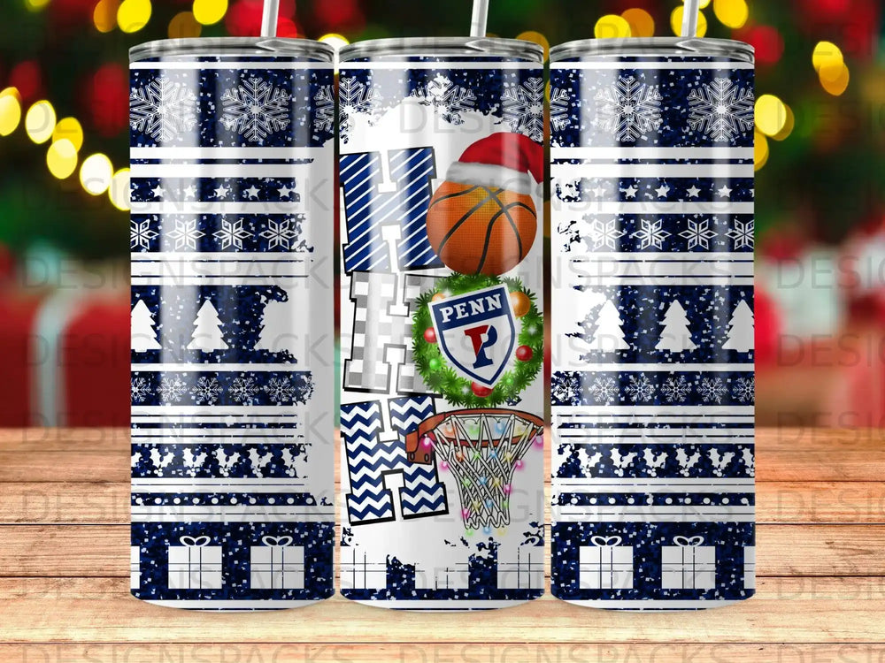 Blue snowflake and gift pattern tumbler with "H" and basketball hoop design.