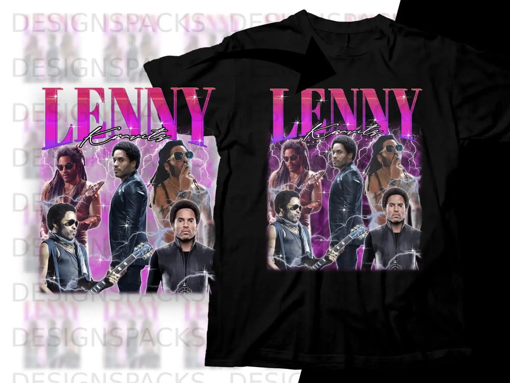 Lenny Kravitz collage with lightning effects on black t-shirt.