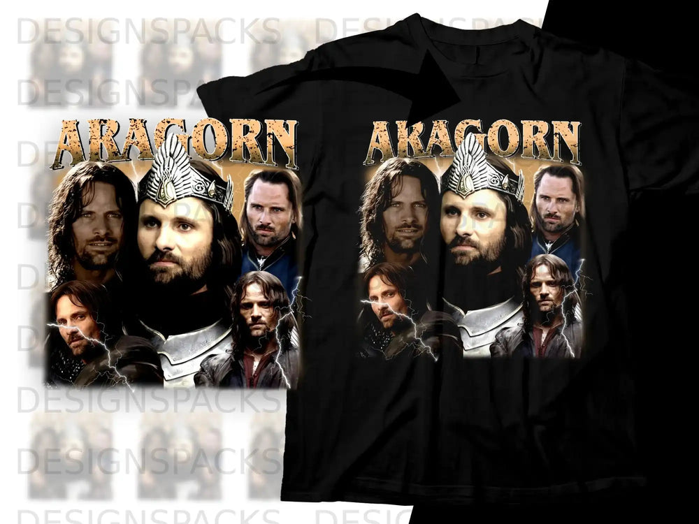 Viggo Mortensen as Aragorn in armor and crown, on a black t-shirt.