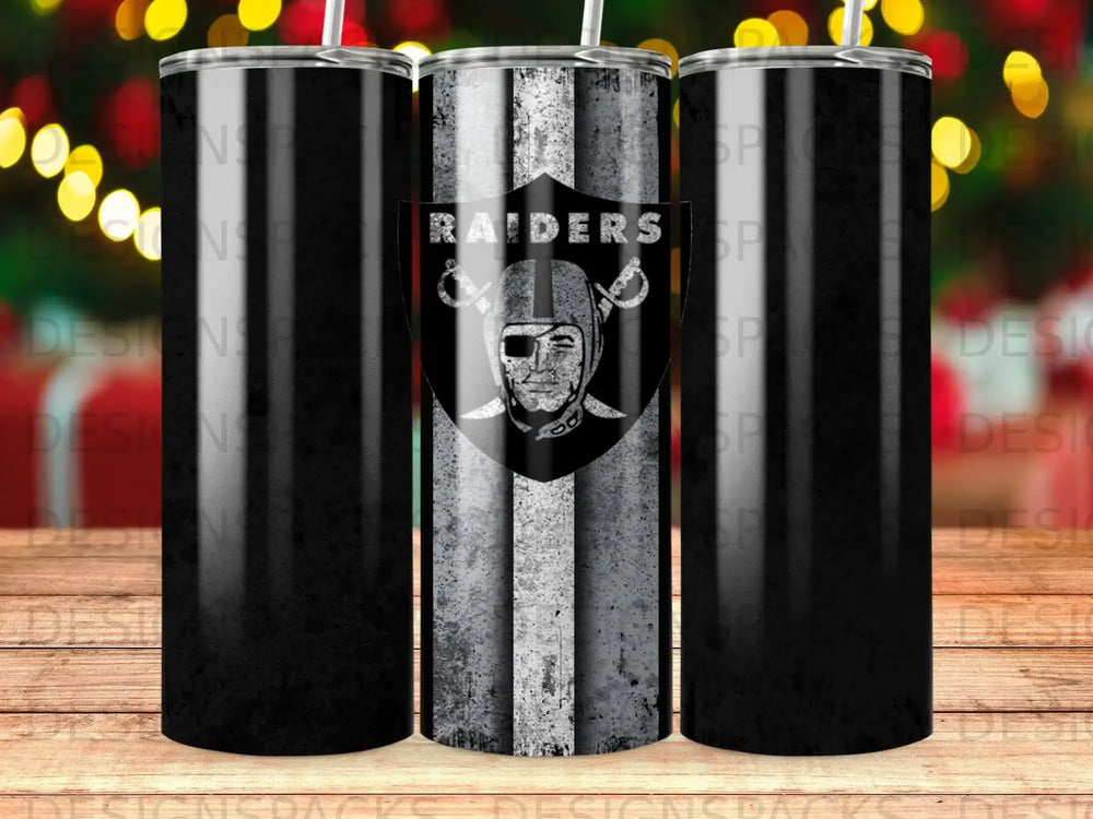 Black tumbler with Las Vegas Raiders logo and distressed stripe pattern.