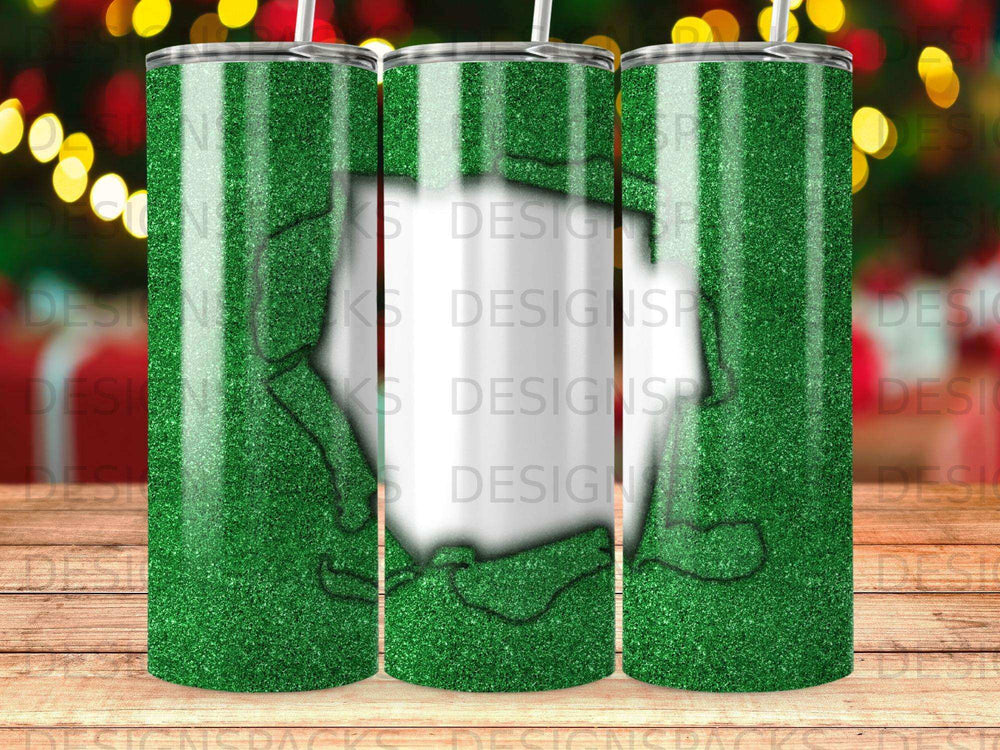 Green glitter tumbler with a white outline of Texas.