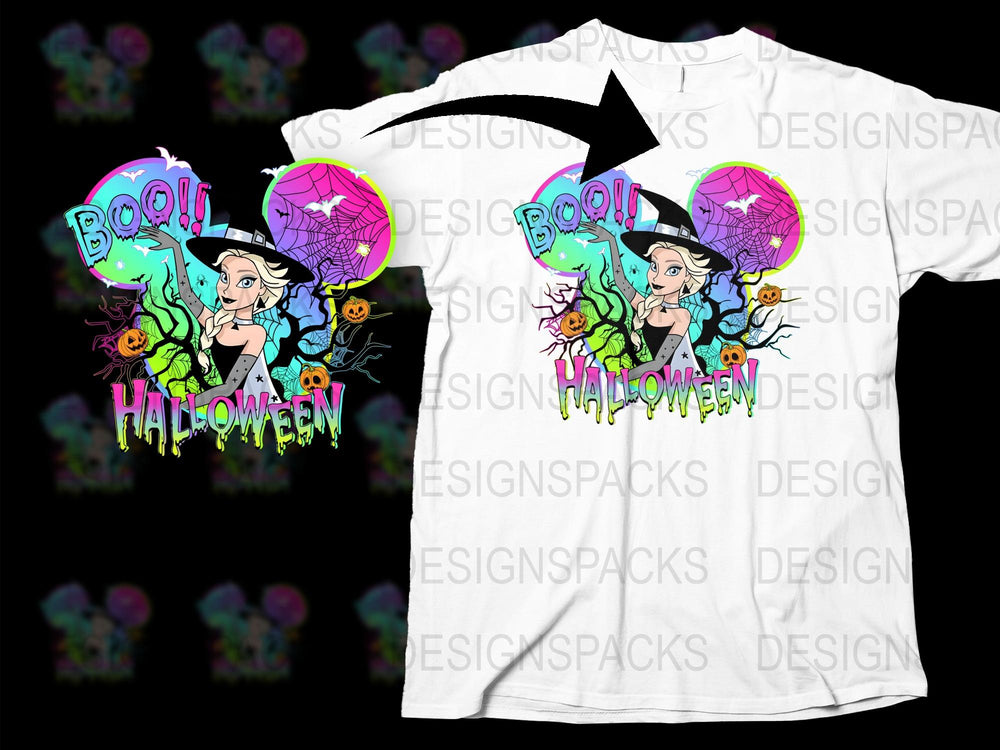 Women's Halloween T-Shirt, Cartoon Witch Graphic, Colorful Boo Design, Casual Spooky Apparel