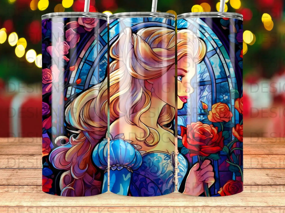 Cinderella with roses, stained glass background, blue dress, looking over shoulder.
