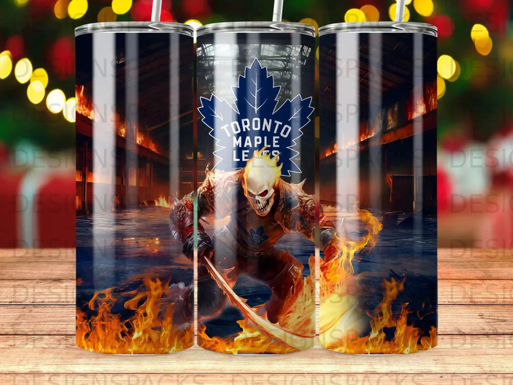 Toronto Maple Leafs tumbler with fiery skull mascot and team logo.