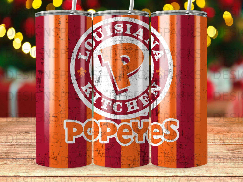 Popeyes chicken logo on a red and orange striped tumbler cup.