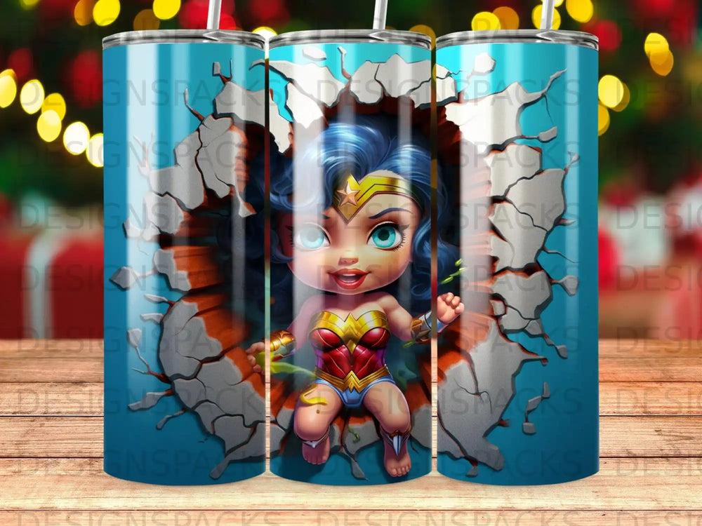 Wonder Woman cartoon character breaking through a blue, brick wall.