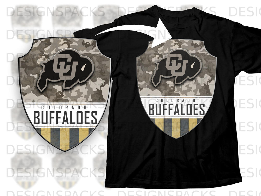 Colorado Buffaloes shield logo with camouflage pattern on black t-shirt.