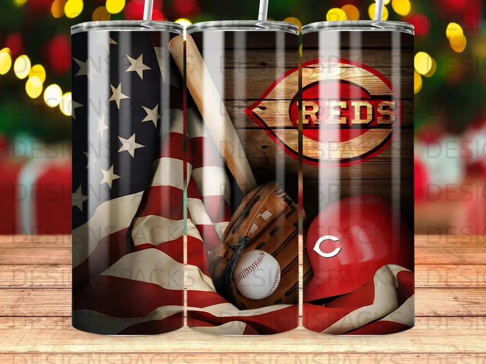 Cincinnati Reds baseball helmet and mitt with American flag background.