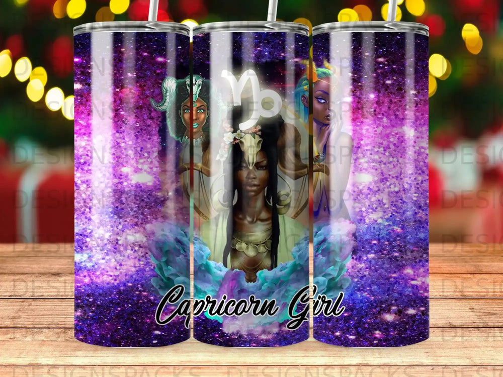 Trio of women with Capricorn symbols and purple glitter design, "Capricorn Girl" text.