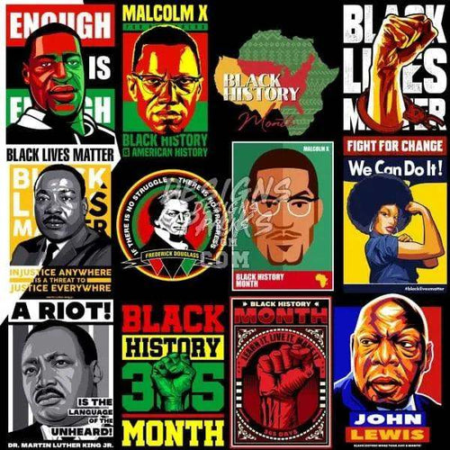 Black History Month designs featuring Malcolm X, MLK, John Lewis, and protest art for DTF, DTG, embroidery