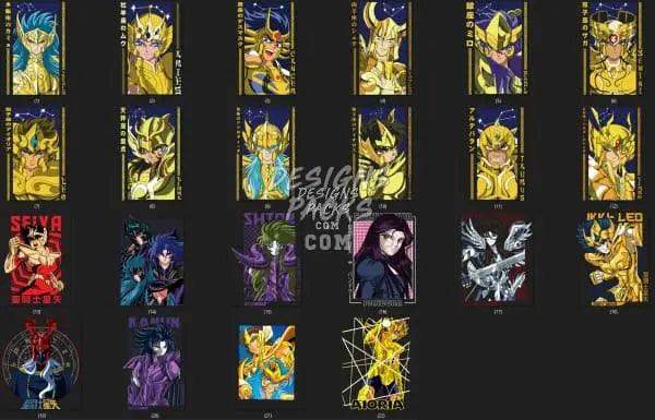Anime Saint Seiya designs for DTF, DTG, embroidery, and tumbler wraps, print-ready PNG, PES, SVG
