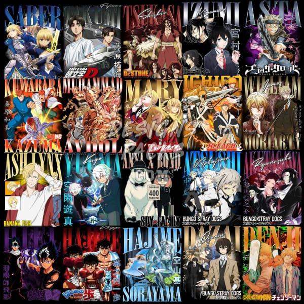 Anime character art bundle for DTF DTG embroidery, featuring Saber, Bungo Stray Dogs, Haikyuu, and more