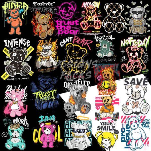 Colorful bear-themed DTF/DTG designs with bold text and vibrant styles for print-ready use.