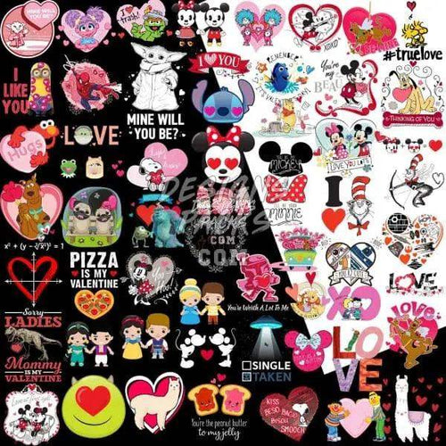Valentine's Day designs bundle with hearts, Disney characters, and love-themed graphics for DTF/DTG printing