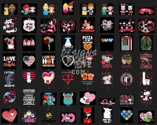Valentine's Day DTF/DTG designs bundle with hearts, couples, and cute characters for t-shirts and tumblers