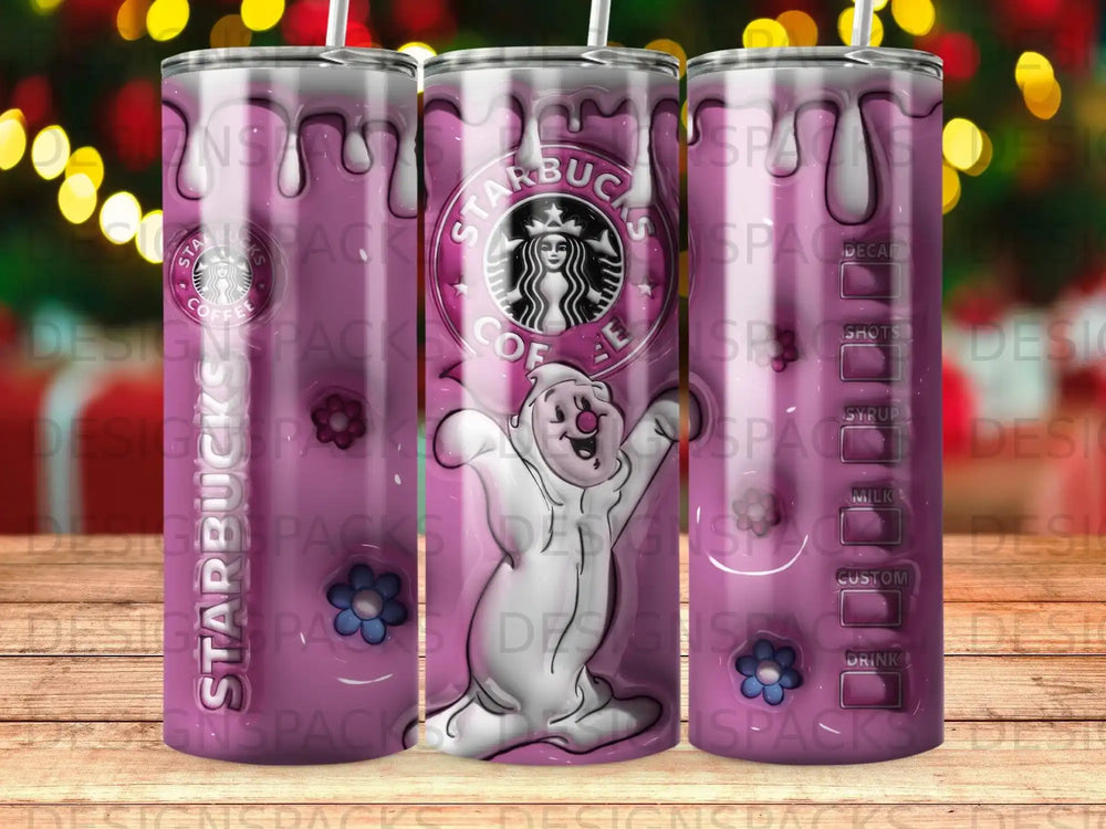 Starbucks logo on a pink tumbler with cartoon ghost, drink options listed.