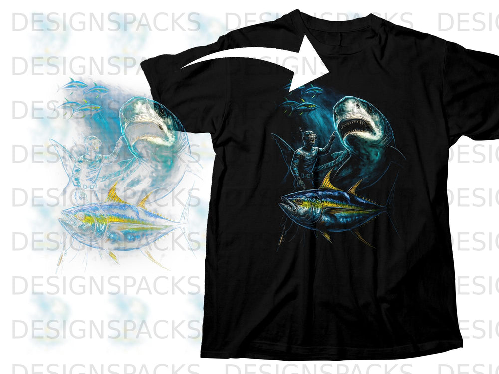 Black t-shirt with a graphic of a diver, tuna, and sharks underwater.