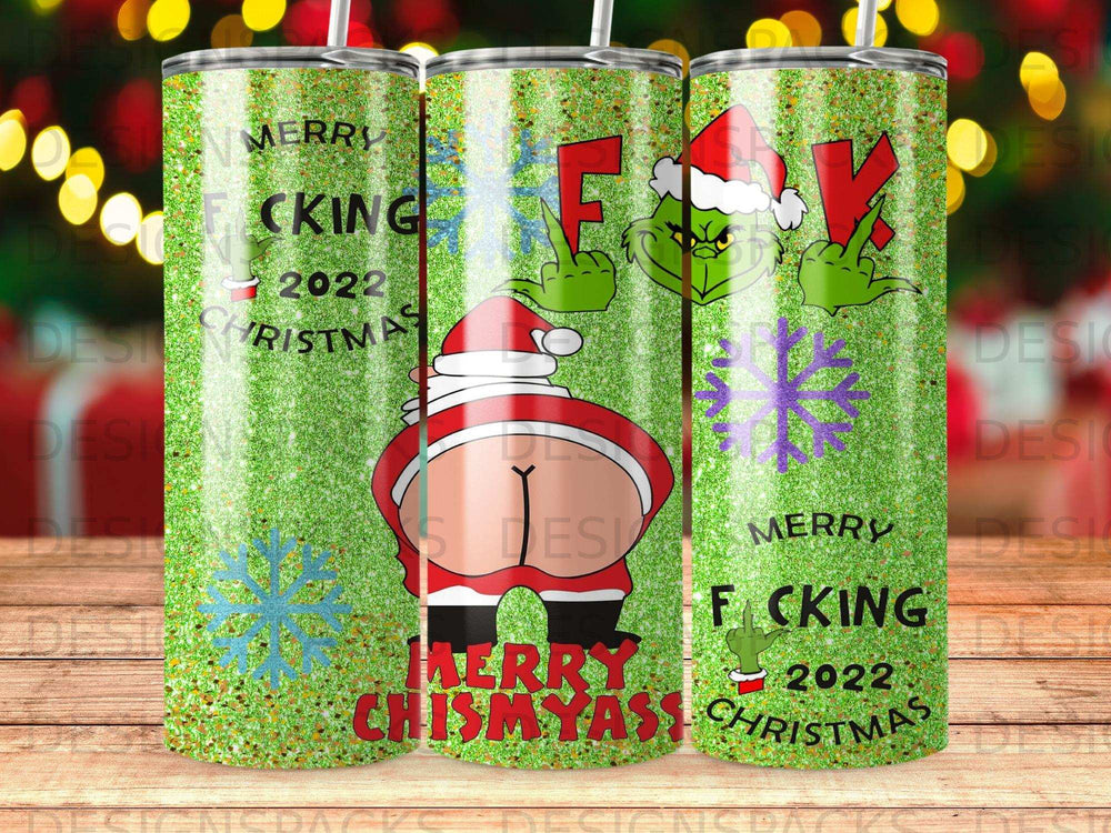 Green glitter tumbler with Grinch and Santa's rear, "Merry F_cking Christmas 2022" text.