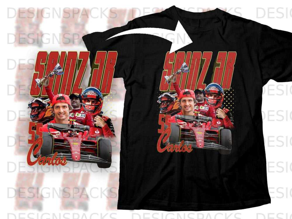 Carlos Sainz Jr. 55 Ferrari F1 car and helmet graphic on a black t-shirt.
