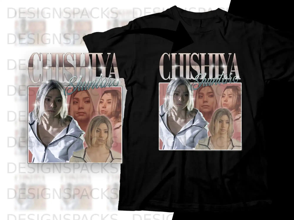 T-shirt with portrait of a woman and "CHISHIYASUMITARO" text.