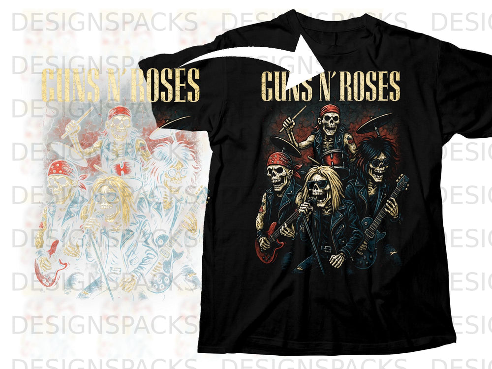 Black t-shirt featuring the Guns N' Roses logo and skeleton band members.