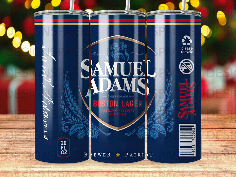 Samuel Adams Boston Lager tumbler with "please recycle" symbol.