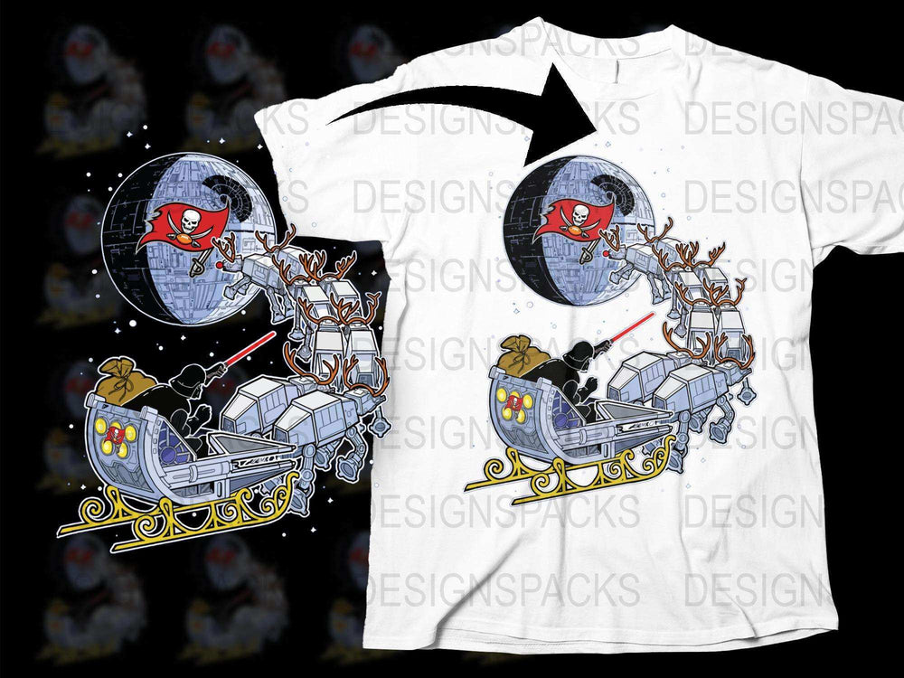 Novelty Christmas T-Shirt, Santa Sleigh Reindeer Space Theme, Holiday Graphic Tee, Unisex White Shirt