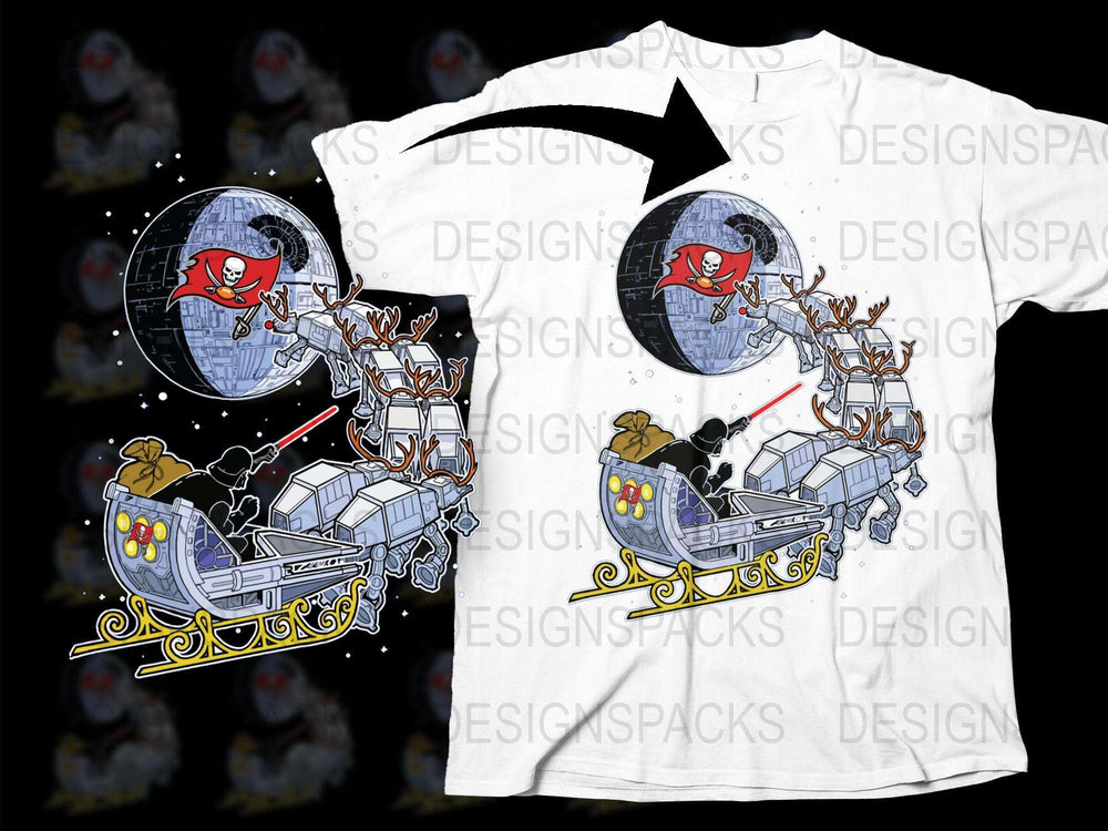 Novelty Christmas T-Shirt, Santa Sleigh Reindeer Space Theme, Holiday Graphic Tee, Unisex White Shirt