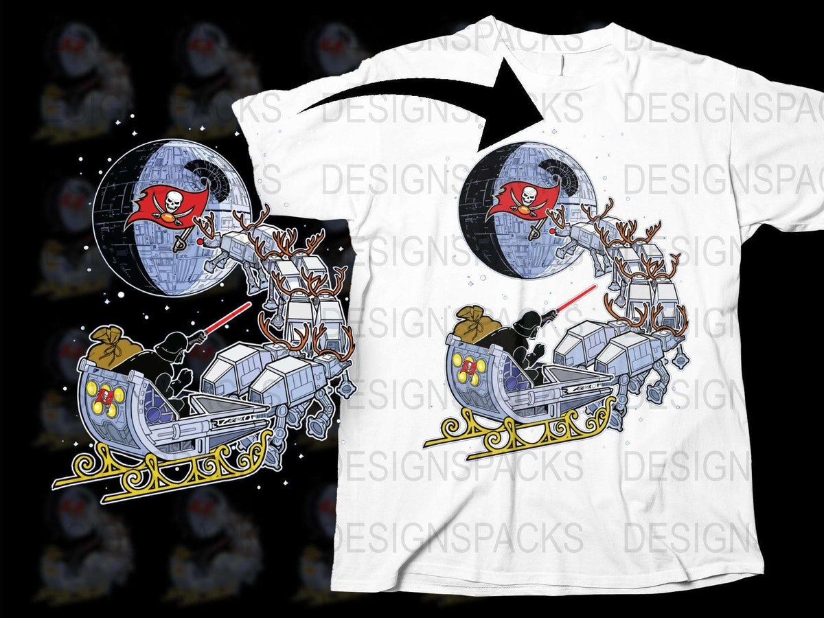 Novelty Christmas T-Shirt, Santa Sleigh Reindeer Space Theme, Holiday Graphic Tee, Unisex White Shirt