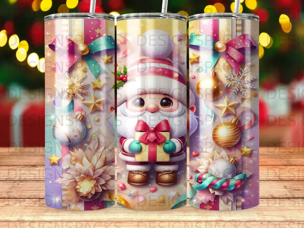 Santa Claus character holding a gift, surrounded by festive holiday decorations.