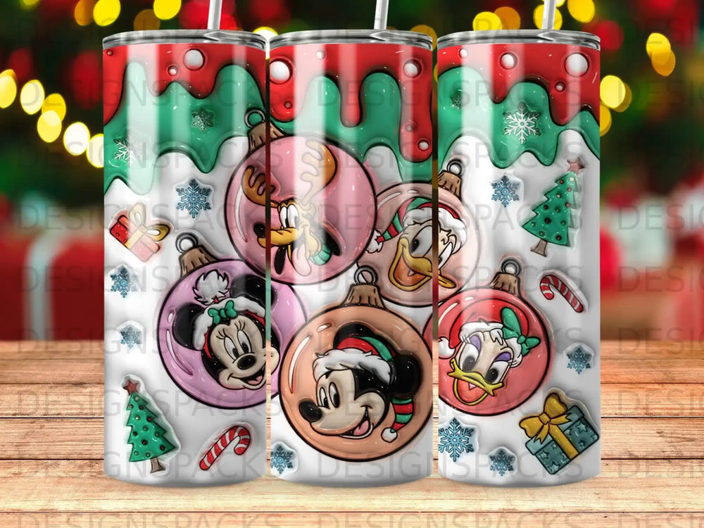 Minnie Mouse, Mickey Mouse, and Donald Duck in Christmas ornaments on a festive background.
