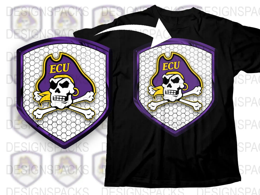 ECU Skull Graphic T-Shirt, Purple and Gold Sports Fan Tee, College Mascot Shield Design, Unisex Adult Clothing