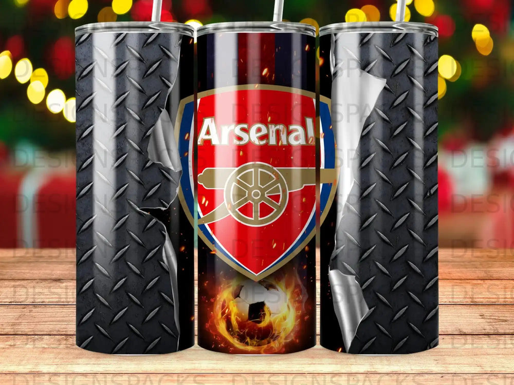 Arsenal FC logo on a tumbler with a diamond plate design.