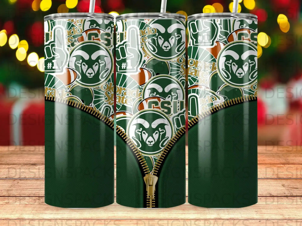 Green tumbler with CSU Rams logo, footballs, and foam fingers, featuring a zipper design.