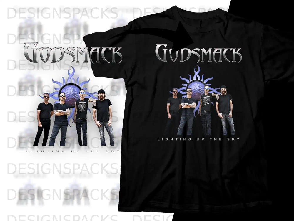 Godsmack band logo and members on a black t-shirt with "Lighting Up The Sky" text.