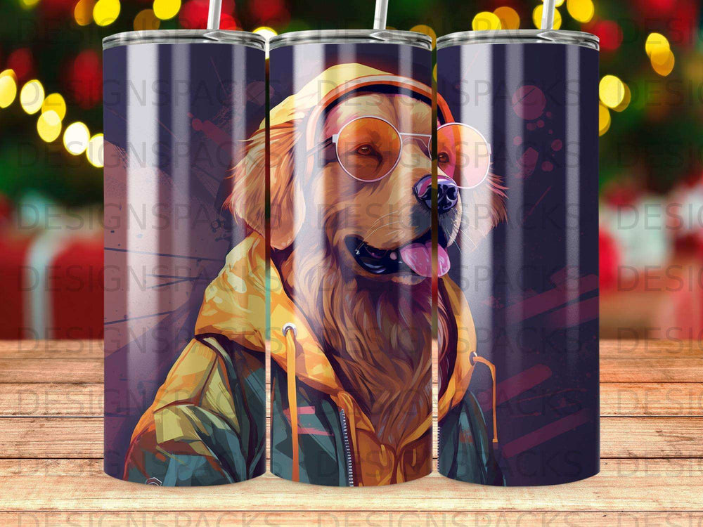 Golden retriever wearing sunglasses and headphones, with a colorful background.