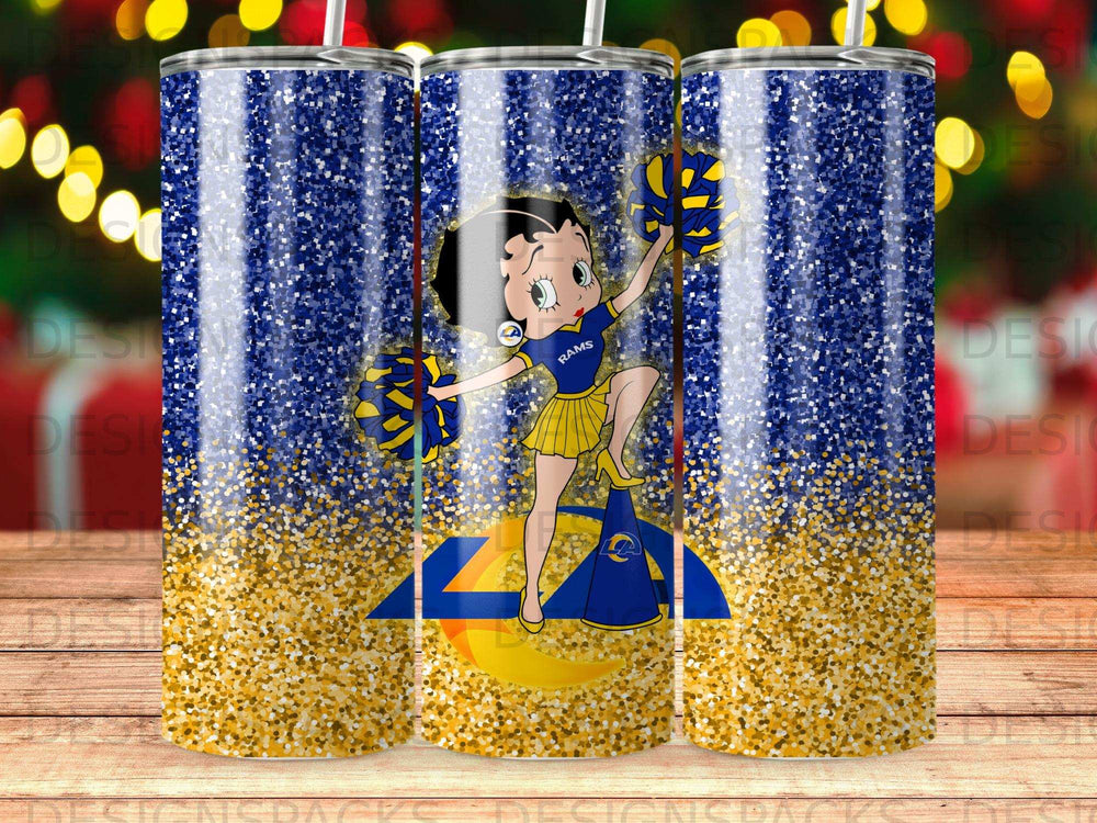 Betty Boop as a Rams cheerleader with pom-poms and team logo.