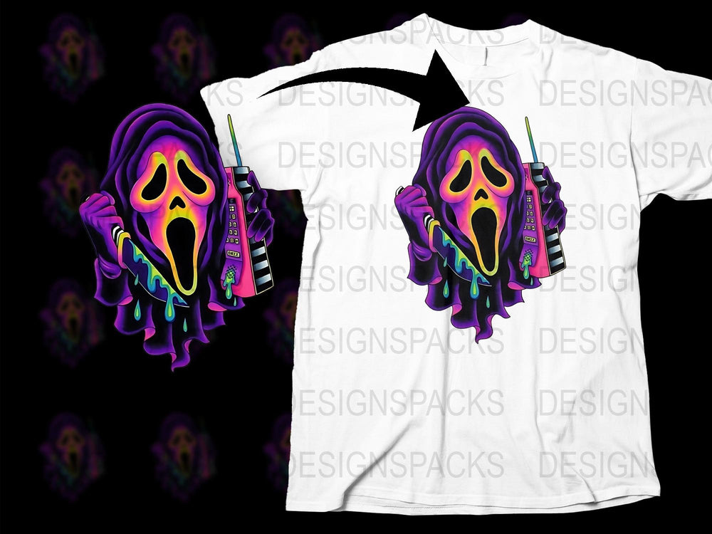 Neon Scream Mask Graphic T-Shirt, Colorful Horror Hip Hop Streetwear Tee, Unique Bold Fashion Top