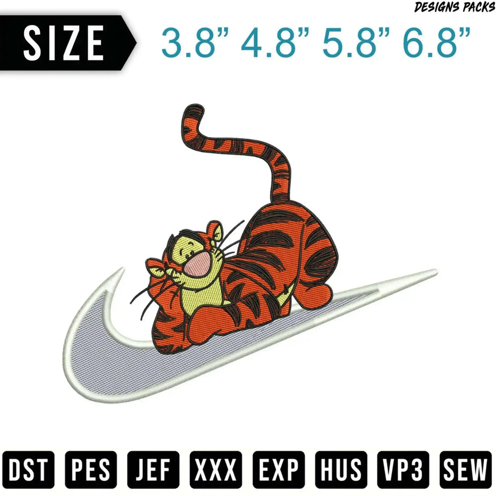 Tiger cartoon character lounging on a swoosh logo.