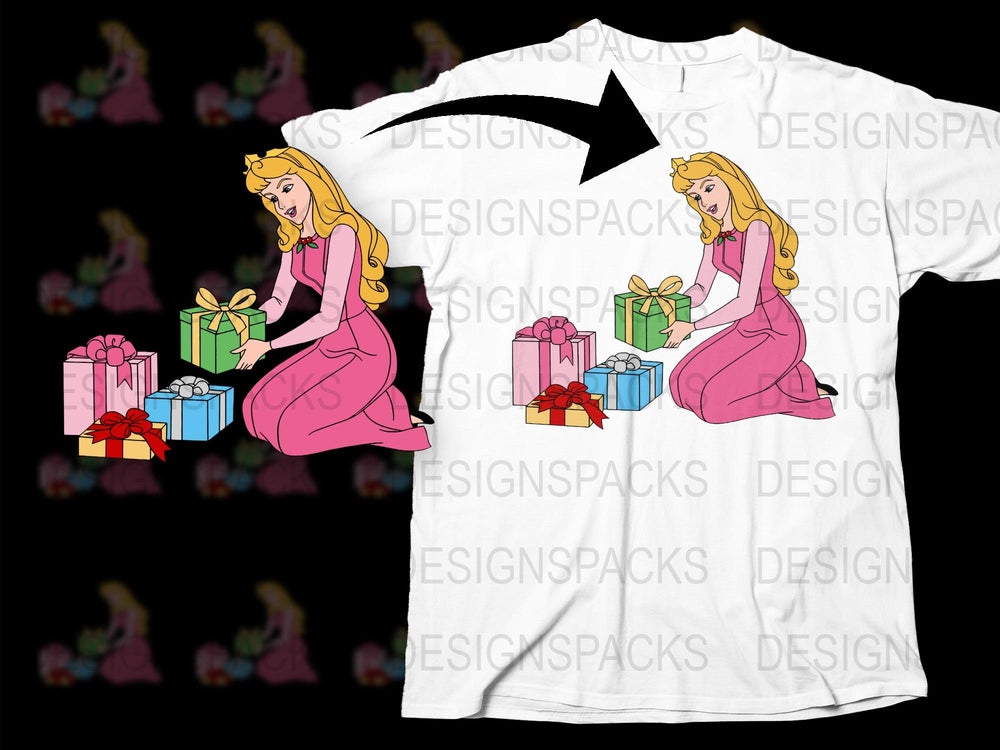 Princess with Gifts Graphic T-Shirt, Pink Dress Fairy Tale Character Tee, Girls' Birthday Party Outfit, Kids and Adults Sizes Available