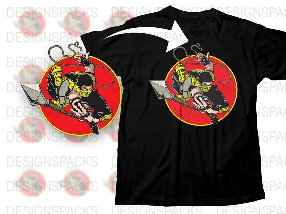 Men's Black T-Shirt with Ninja Cartoon Graphic, Bold Red Circle Design, Casual Streetwear Tee