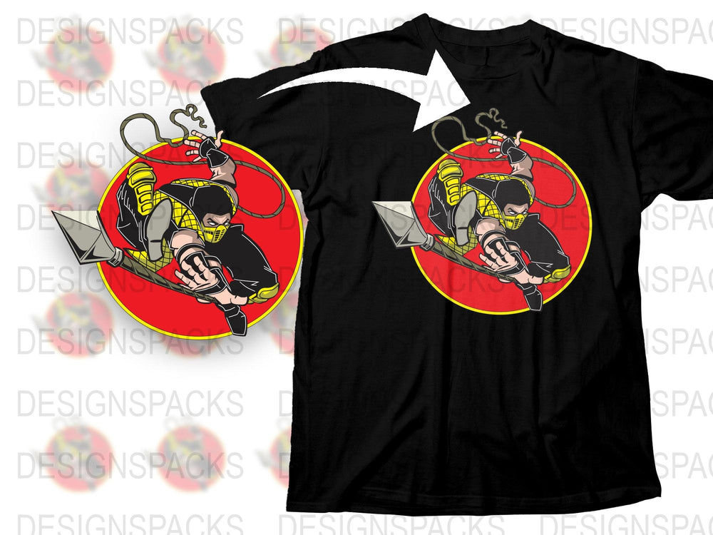 Men's Black T-Shirt with Ninja Cartoon Graphic, Bold Red Circle Design, Casual Streetwear Tee