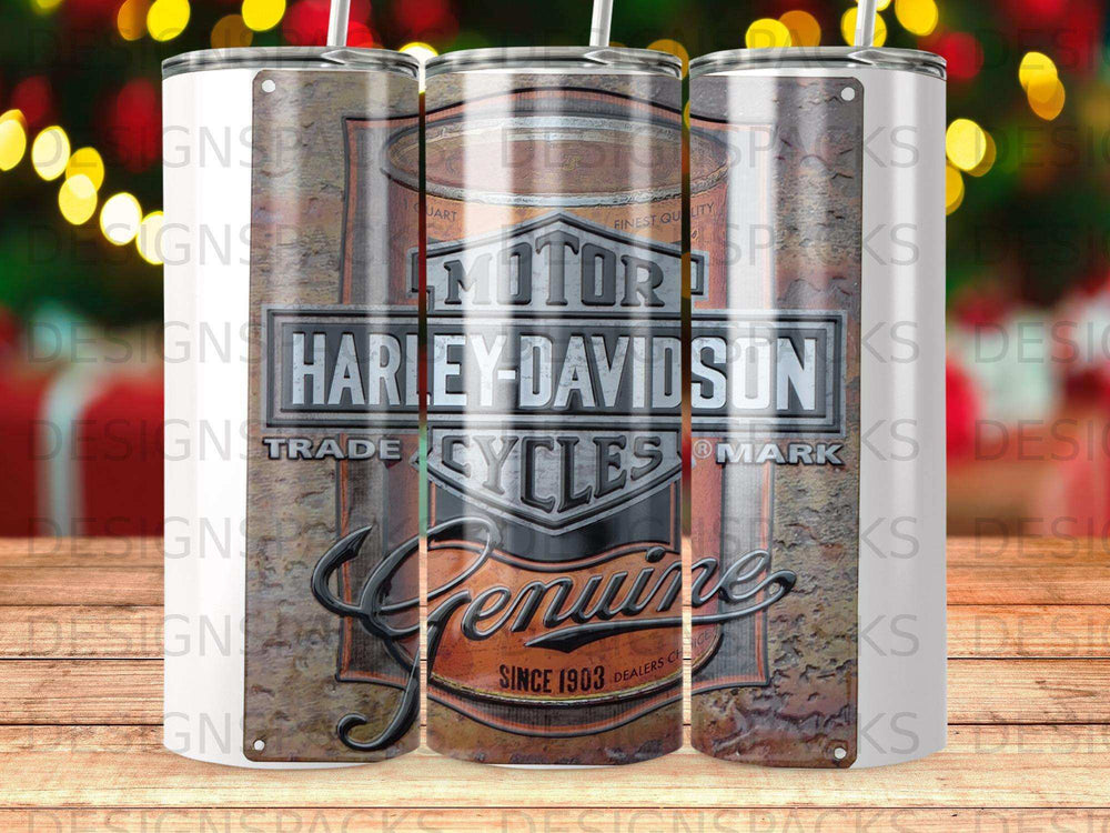 Harley-Davidson Cycles Genuine logo on distressed metal background, with decorative lights.