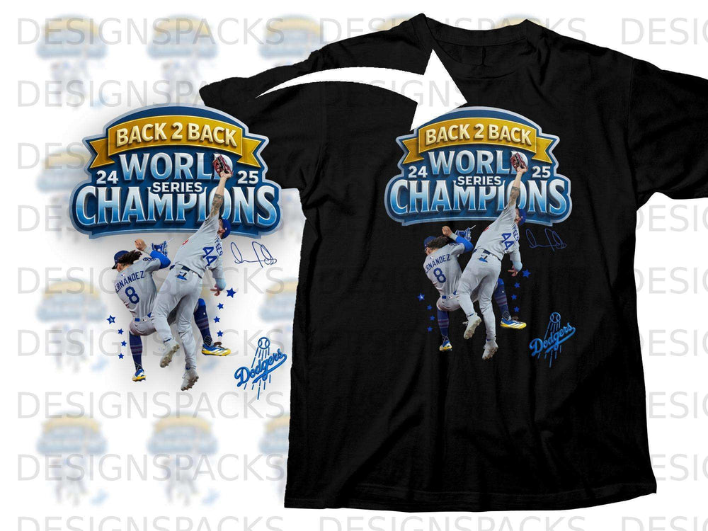 Dodgers baseball team celebrating World Series championship on a black t-shirt.