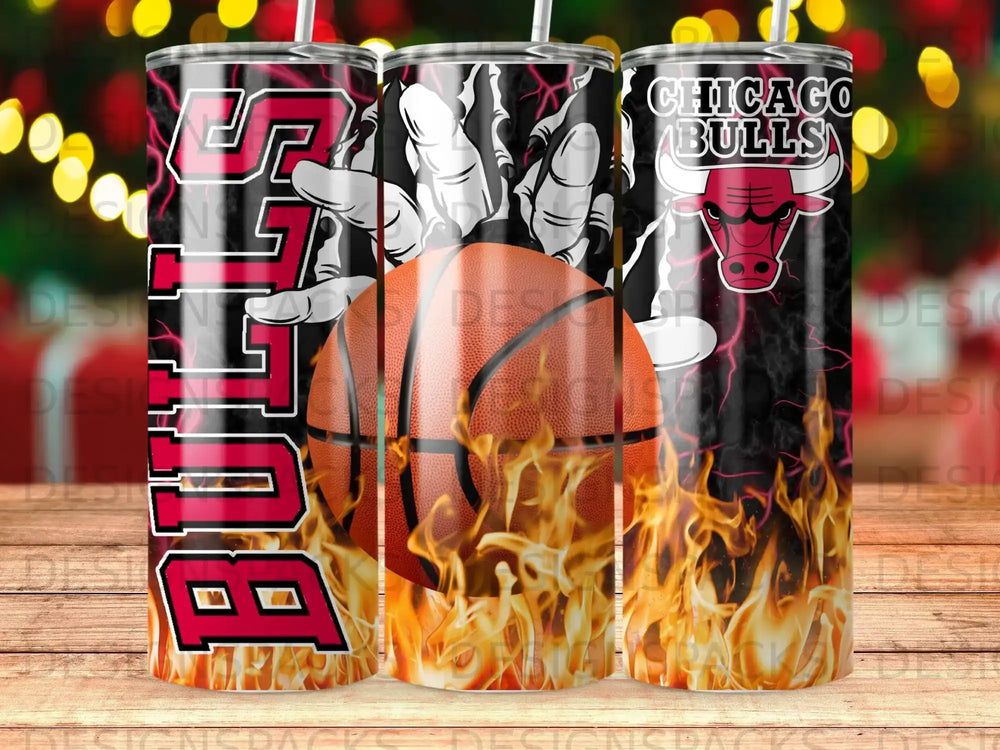 Chicago Bulls basketball with flames and logo on tumbler.