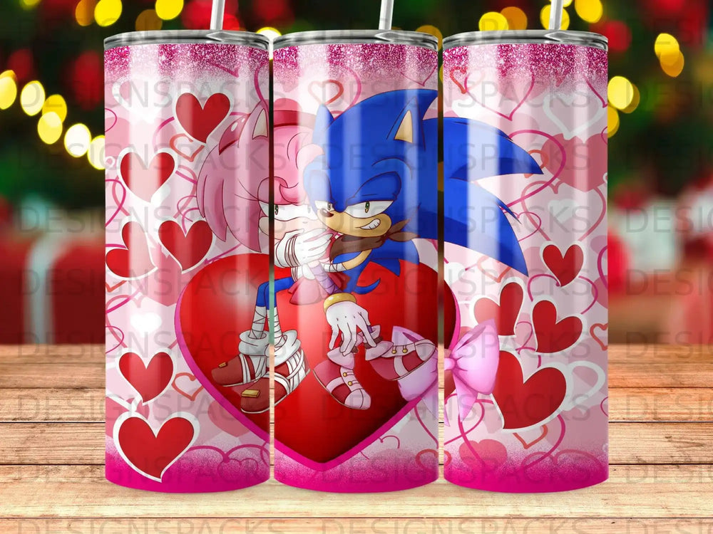 Sonic the Hedgehog and Amy Rose on a pink heart tumbler with hearts.