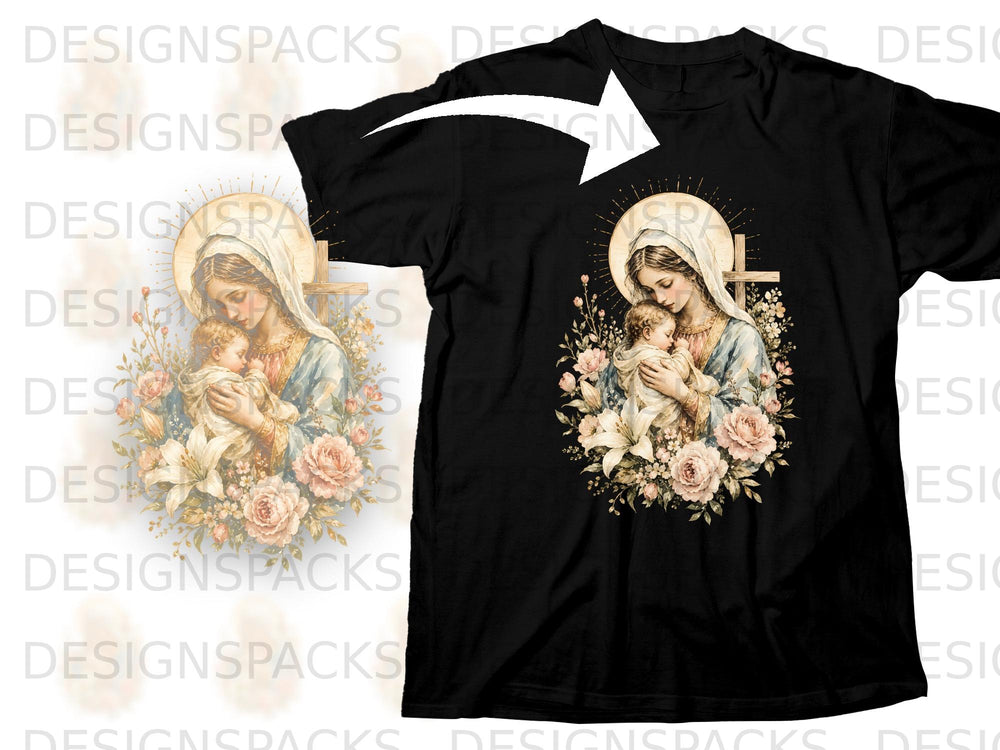 Virgin Mary holding baby Jesus with halo and cross, surrounded by flowers.