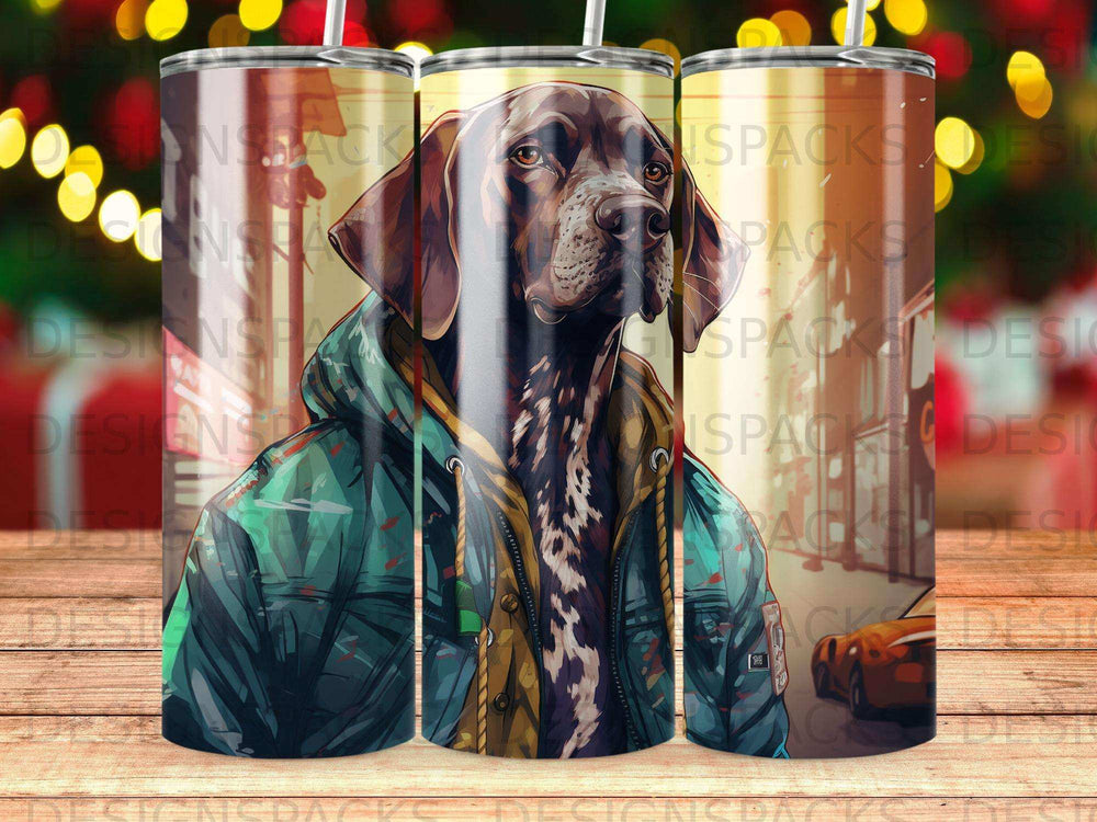 German Shorthaired Pointer wearing a puffer jacket, three tumblers.