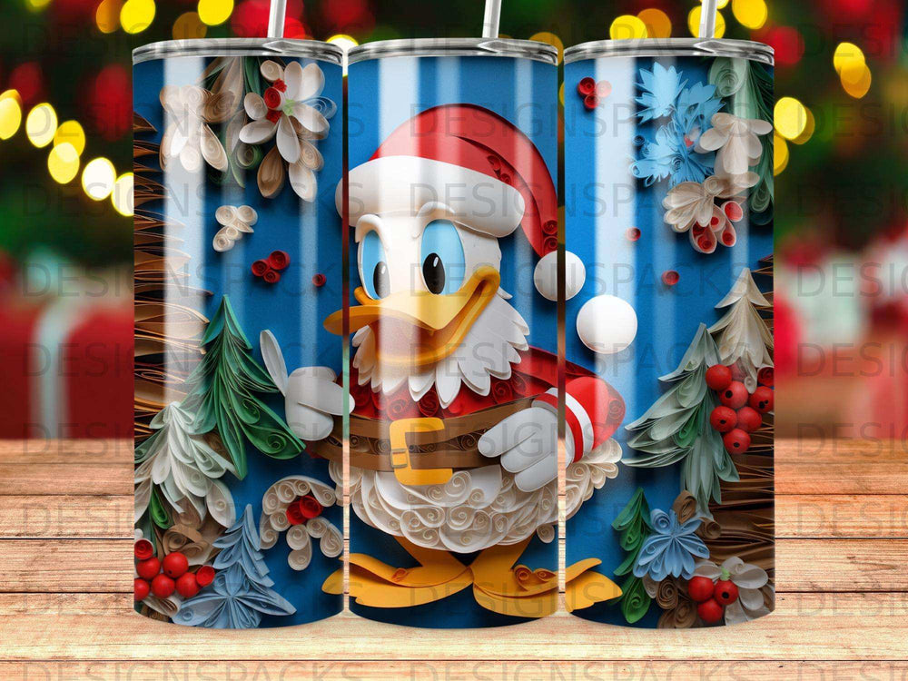 Donald Duck in Santa hat holding a candy cane, surrounded by papercraft winter decorations.